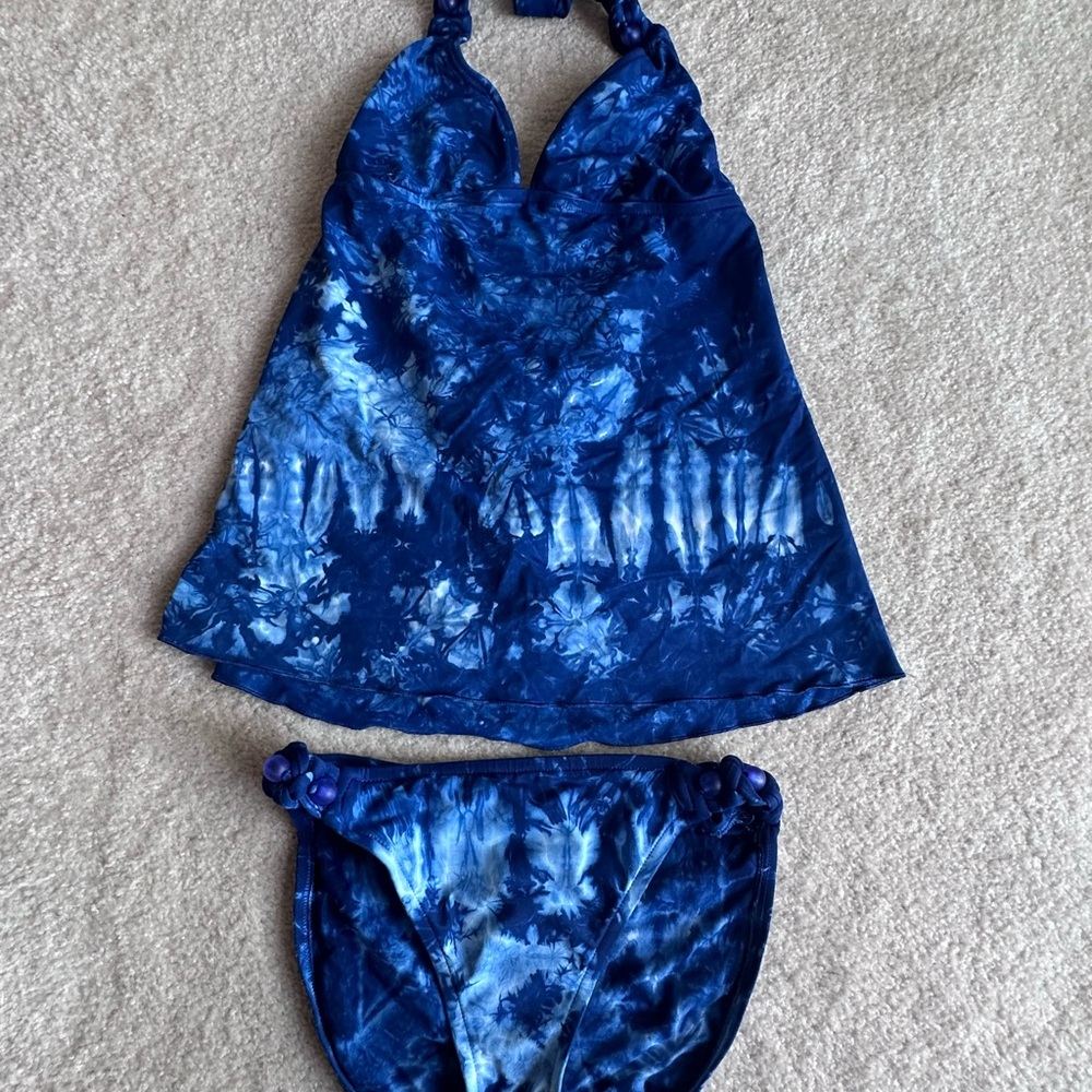 Blue Tie-Dye Halter Tankini Bikini Set